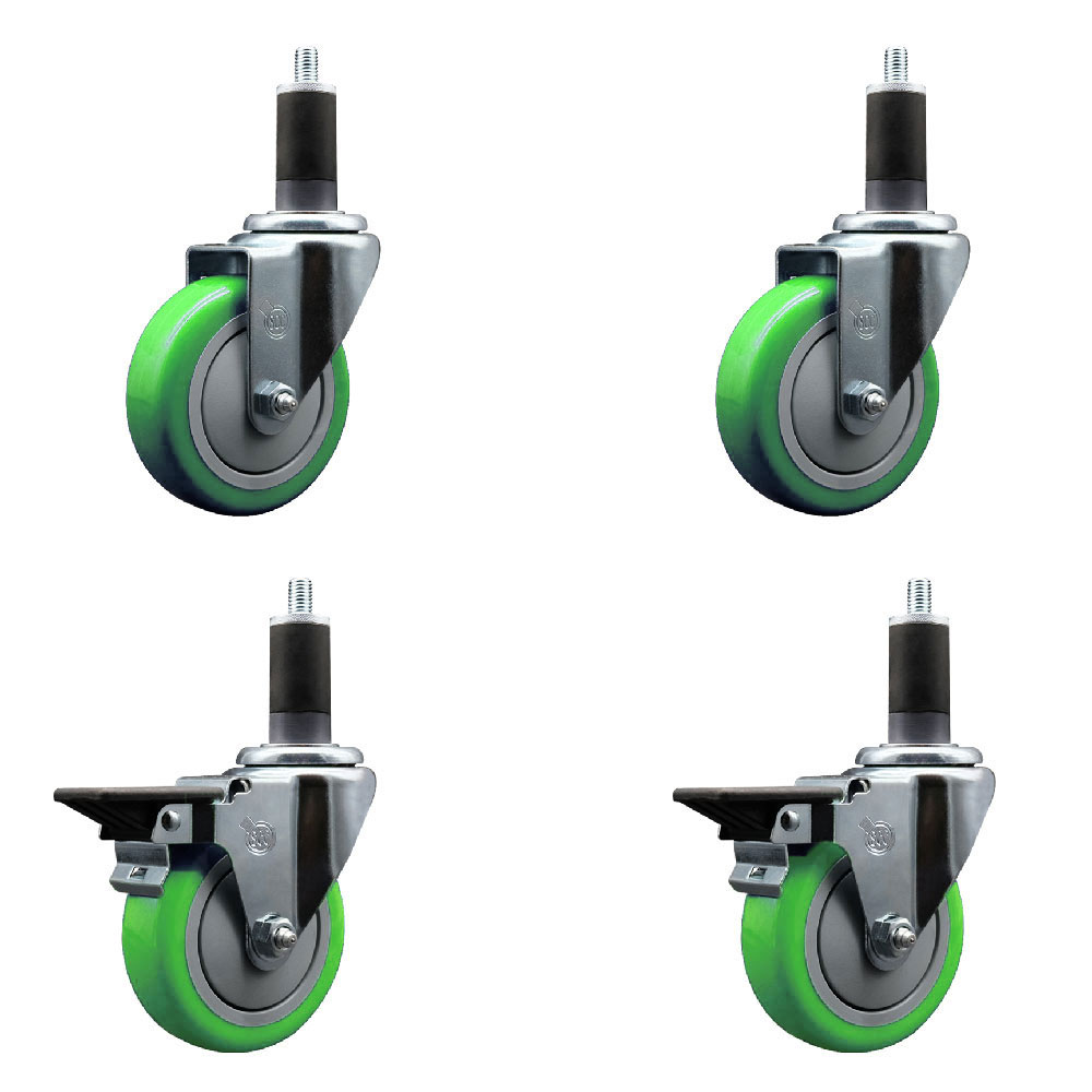 Polyurethane Swivel Expanding Stem Caster Set of 4 with 4 Inch Green Wheels and 1-1/4" Stems - Includes 2 with Posi Locking Brakes - 1400 lbs Total Capacity - Service Caster Brand — photo 1