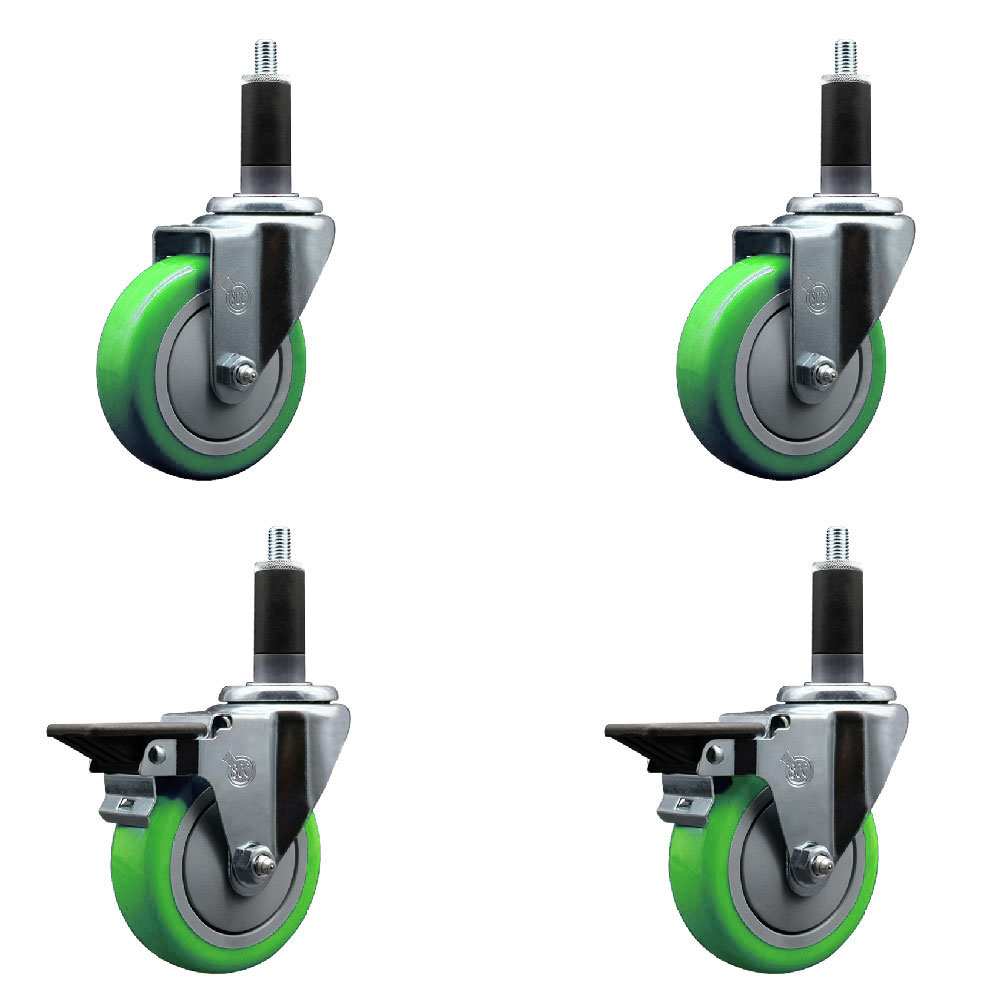 Polyurethane Swivel Expanding Stem Caster Set of 4 with 4 Inch Green Wheels and 1-1/8" Stems - Includes 2 with Posi Locking Brakes - 1400 lbs Total Capacity - Service Caster Brand — photo 1