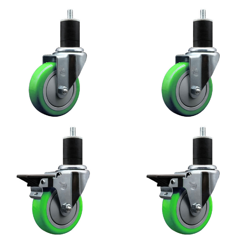 Polyurethane Swivel Expanding Stem Caster Set of 4 with 4 Inch Green Wheels and 1-3/4" Stems - Includes 2 with Posi Locking Brakes - 1400 lbs Total Capacity - Service Caster Brand — photo 1
