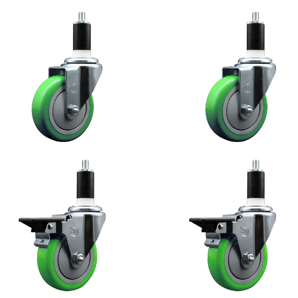 Polyurethane Swivel Expanding Stem Caster Set of 4 with 4 Inch Green Wheels and 1-3/8" Stems - Includes 2 with Posi Locking Brakes - 1400 lbs Total Capacity - Service Caster Brand — photo 1
