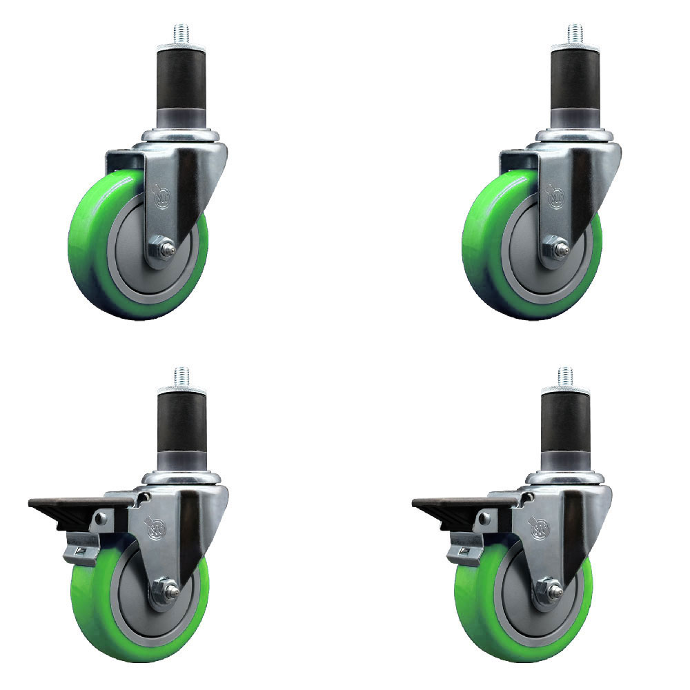 Polyurethane Swivel Expanding Stem Caster Set of 4 with 4 Inch Green Wheels and 1-5/8" Stems - Includes 2 with Posi Locking Brakes - 1400 lbs Total Capacity - Service Caster Brand — photo 1