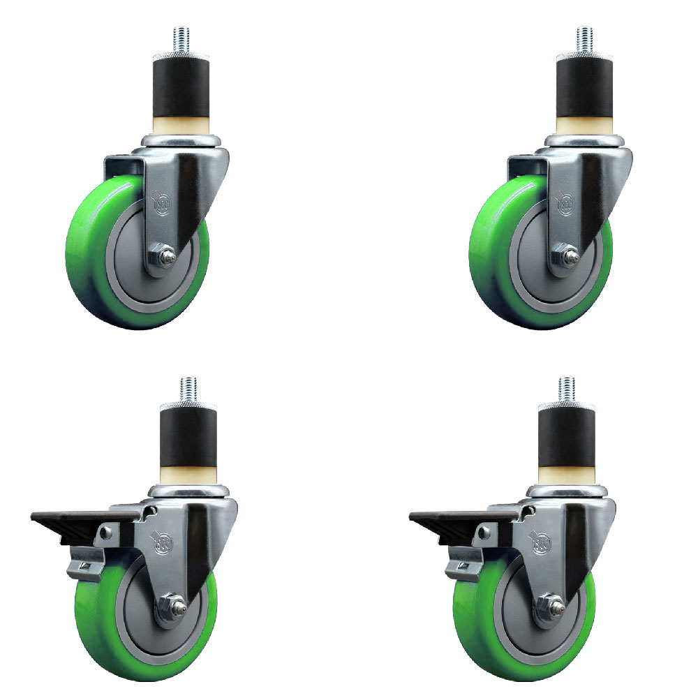 Polyurethane Swivel Expanding Stem Caster Set of 4 with 4 Inch Green Wheels and 1-7/8" Stems - Includes 2 with Posi Locking Brakes - 1400 lbs Total Capacity - Service Caster Brand — photo 1