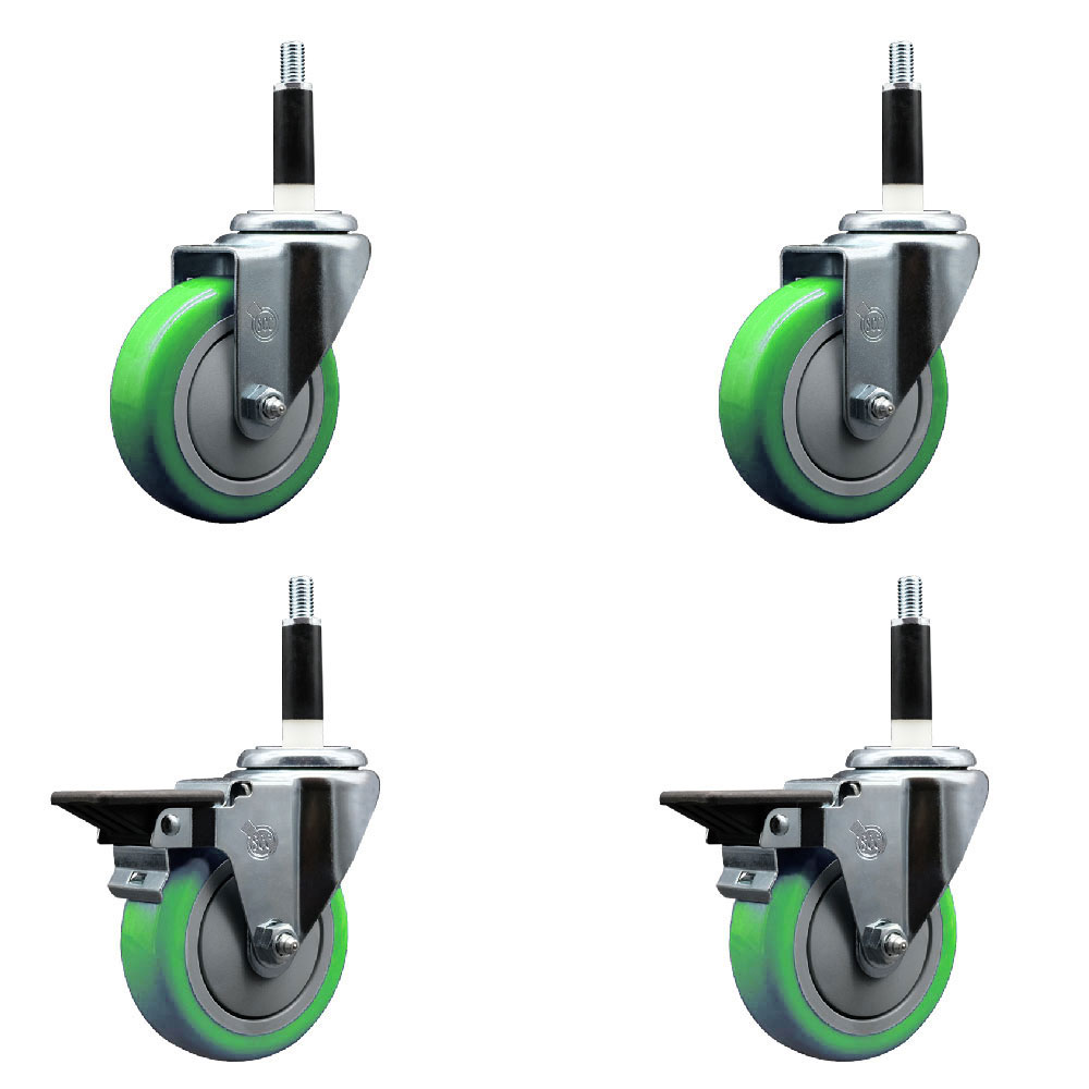 Polyurethane Swivel Expanding Stem Caster Set of 4 with 4 Inch Green Wheels and 7/8" Stems - Includes 2 with Posi Locking Brakes - 1400 lbs Total Capacity - Service Caster Brand — photo 1