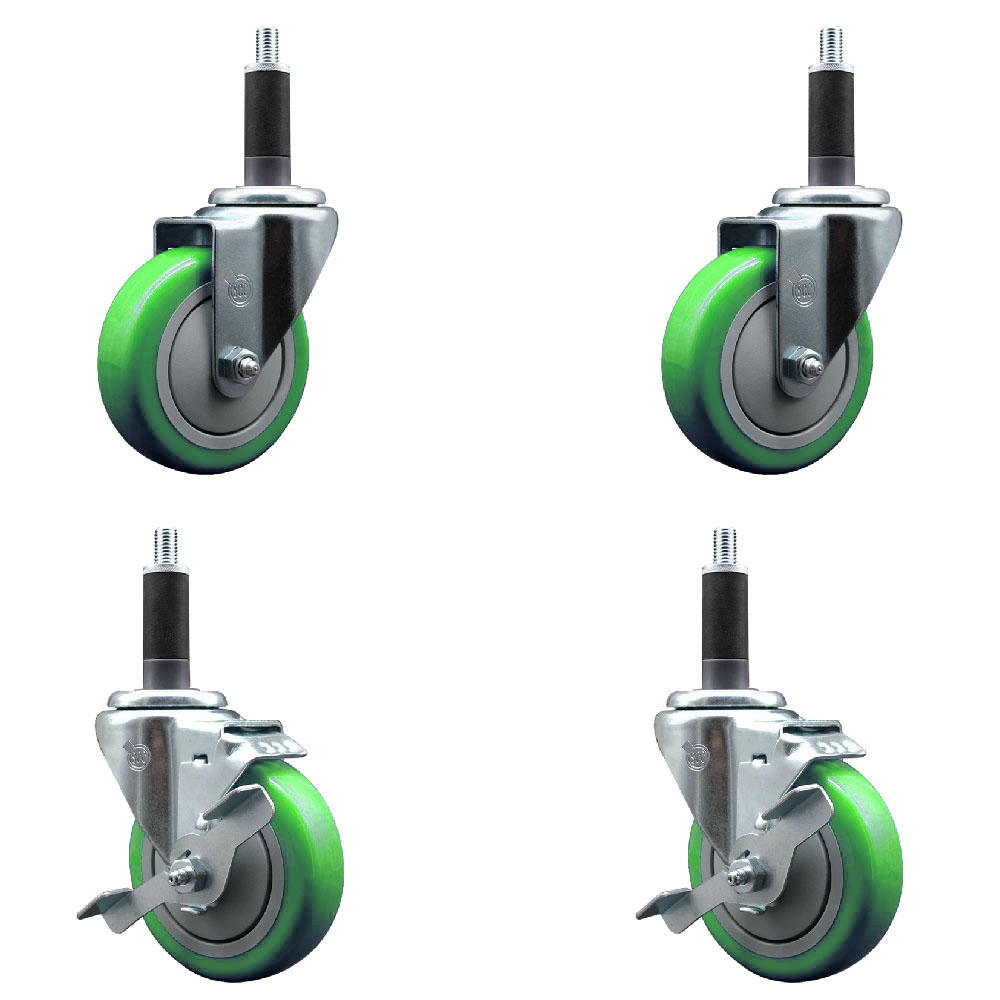 Polyurethane Swivel Expanding Stem Caster Set of 4 with 4 Inch Green Wheels and 1" Stems - Includes 2 with Top Locking Brakes - 1400 lbs Total Capacity - Service Caster Brand — photo 1