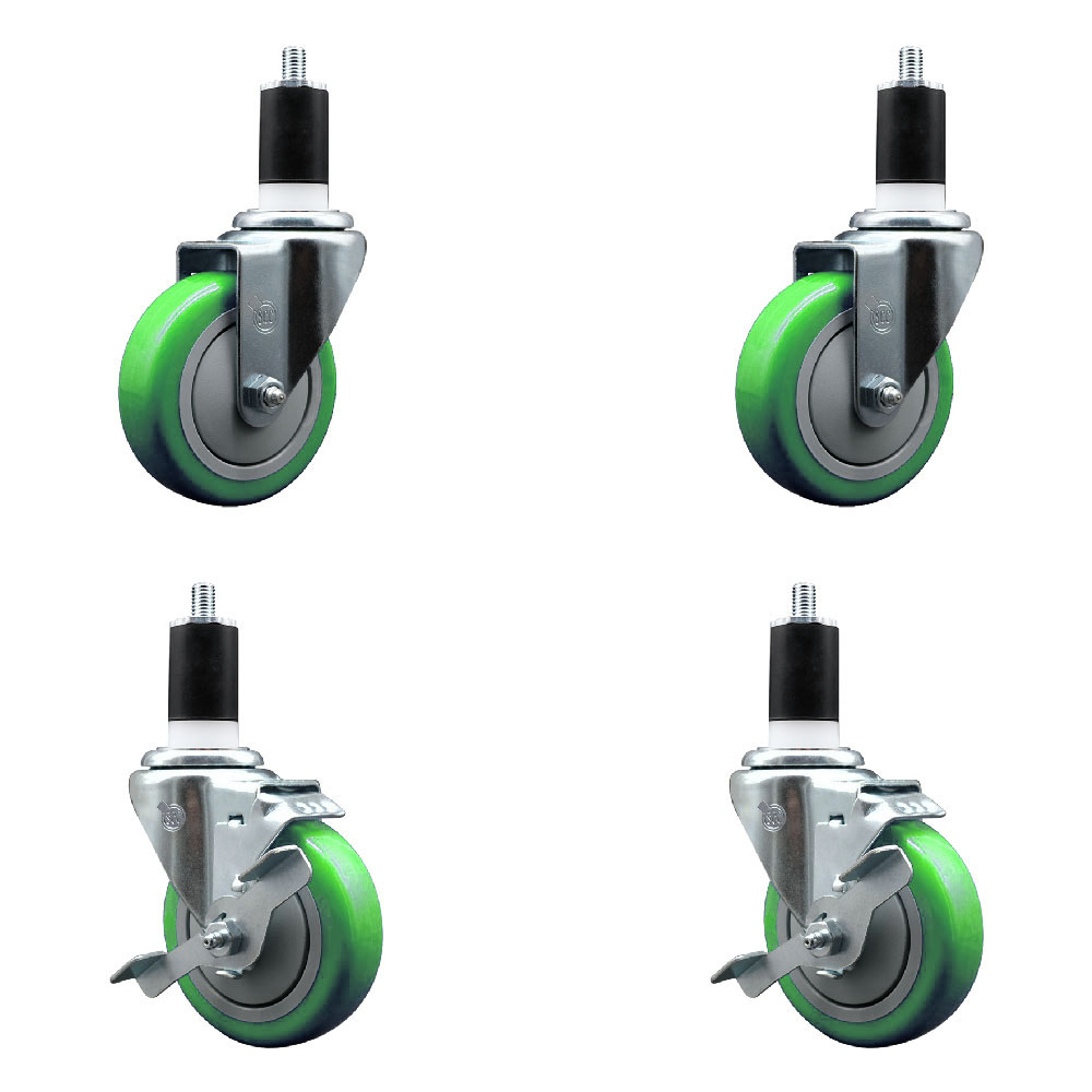 Stainless Steel Polyurethane Swivel Expanding Stem Caster Set of 4 with 4 Inch Green Wheels and 1-1/2" Stems - Includes 2 with Top Locking Brakes - 1400 lbs Total Capacity - Service Caster Brand — photo 1