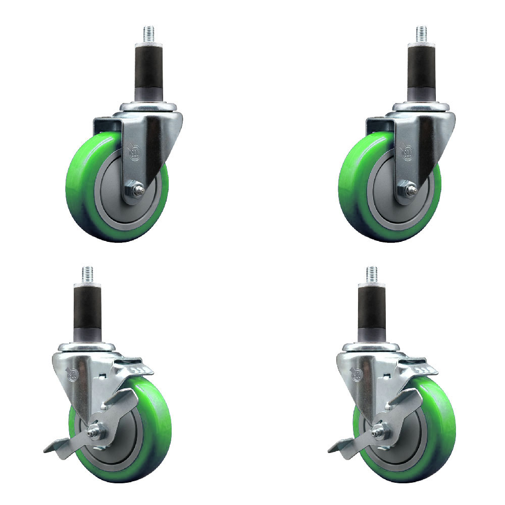 Stainless Steel Polyurethane Swivel Expanding Stem Caster Set of 4 with 4 Inch Green Wheels and 1-1/4" Stems - Includes 2 with Top Locking Brakes - 1400 lbs Total Capacity - Service Caster Brand — photo 1