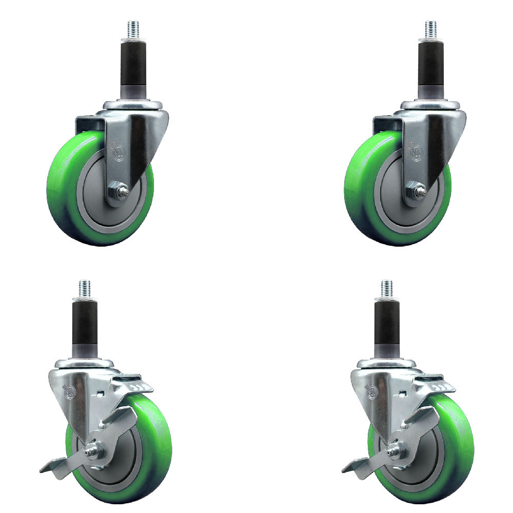 Polyurethane Swivel Expanding Stem Caster Set of 4 with 4 Inch Green Wheels and 1-1/8" Stems - Includes 2 with Top Locking Brakes - 1400 lbs Total Capacity - Service Caster Brand — photo 1