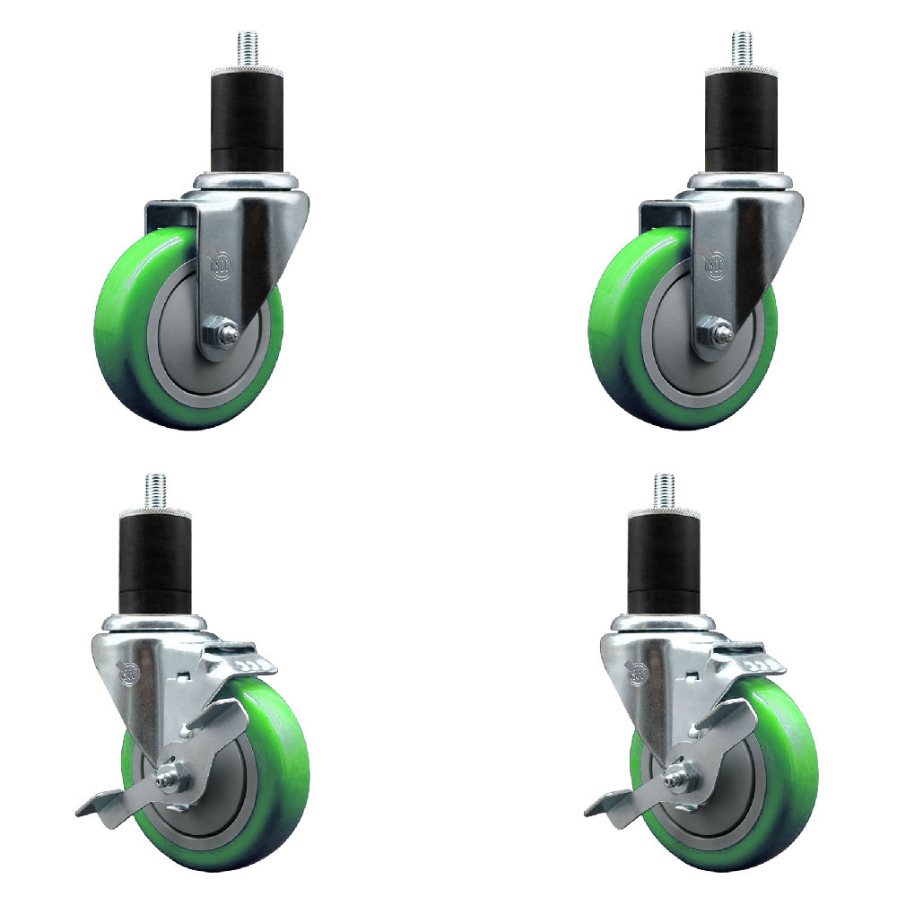 Stainless Steel Polyurethane Swivel Expanding Stem Caster Set of 4 with 4 Inch Green Wheels and 1-3/4" Stems - Includes 2 with Top Locking Brakes - 1400 lbs Total Capacity - Service Caster Brand — photo 1