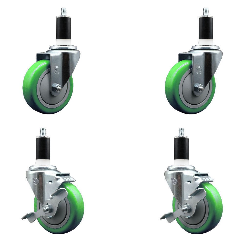Stainless Steel Polyurethane Swivel Expanding Stem Caster Set of 4 with 4 Inch Green Wheels and 1-3/8" Stems - Includes 2 with Top Locking Brakes - 1400 lbs Total Capacity - Service Caster Brand — photo 1