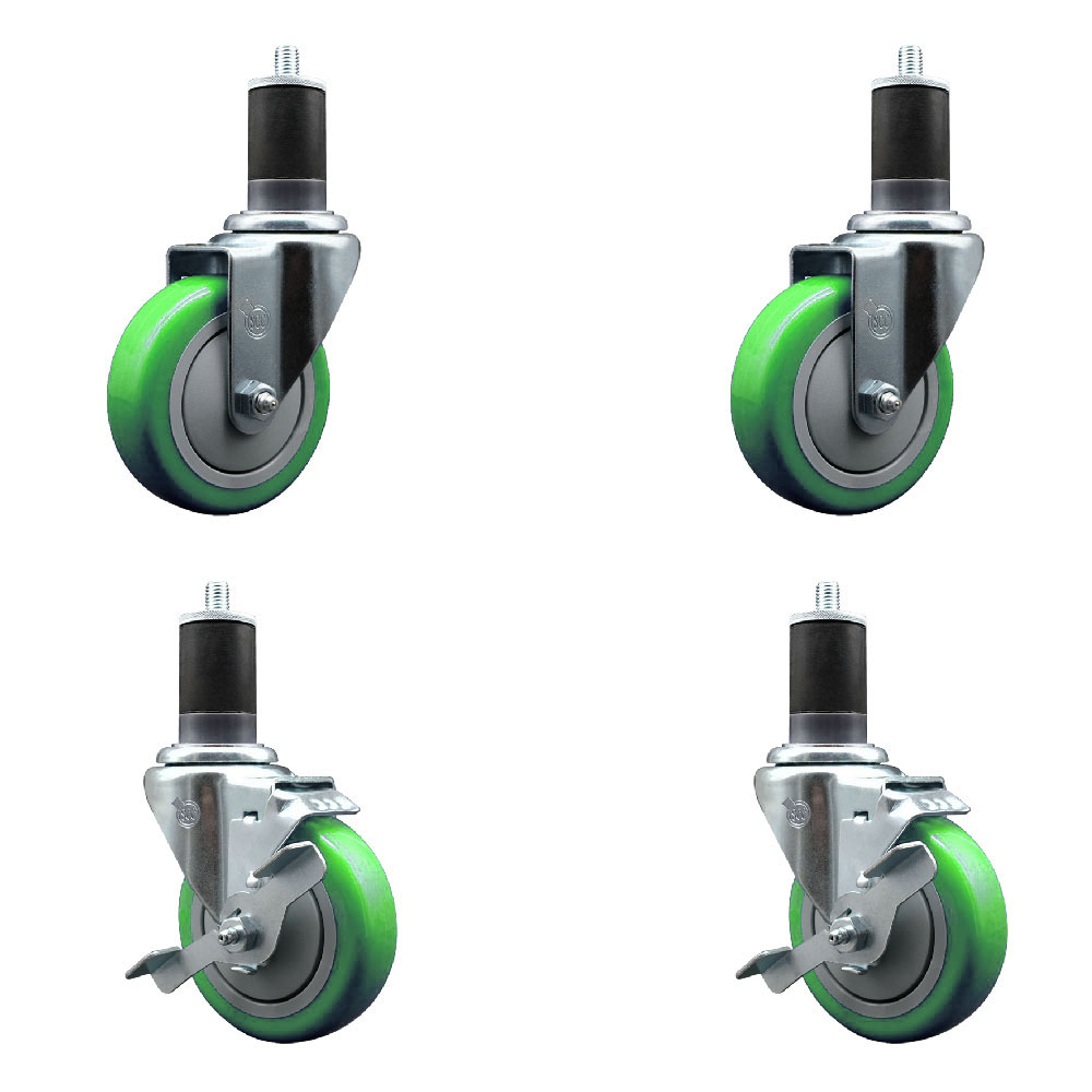 Stainless Steel Polyurethane Swivel Expanding Stem Caster Set of 4 with 4 Inch Green Wheels and 1-5/8" Stems - Includes 2 with Top Locking Brakes - 1400 lbs Total Capacity - Service Caster Brand — photo 1