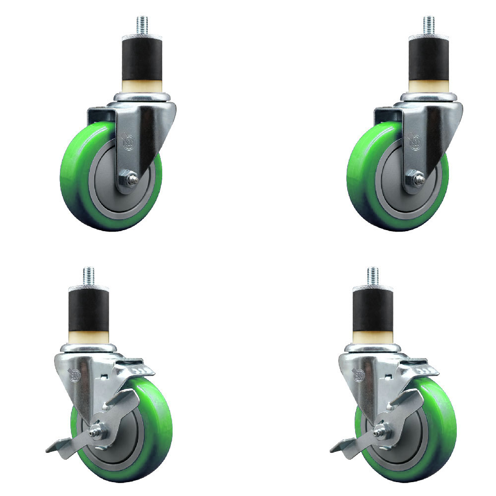 Stainless Steel Polyurethane Swivel Expanding Stem Caster Set of 4 with 4 Inch Green Wheels and 1-7/8" Stems - Includes 2 with Top Locking Brakes - 1400 lbs Total Capacity - Service Caster Brand — photo 1