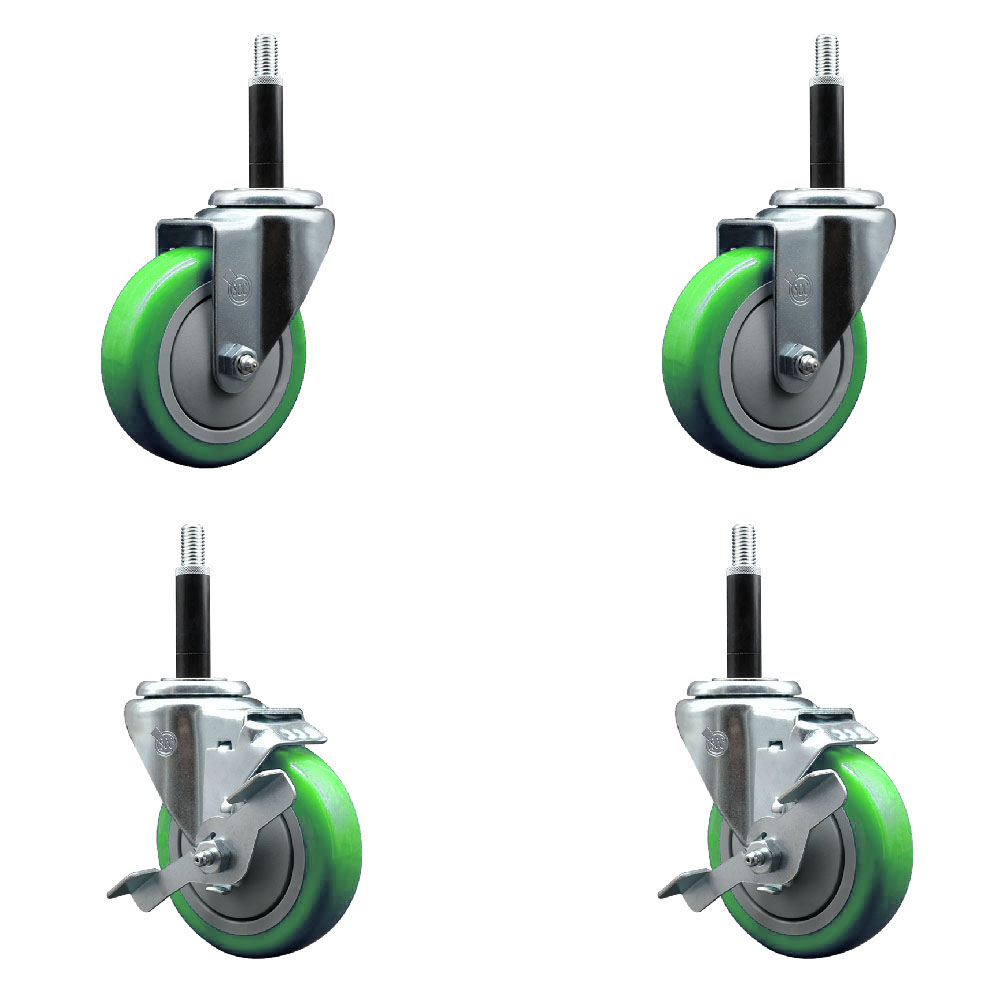 Polyurethane Swivel Expanding Stem Caster Set of 4 with 4 Inch Green Wheels and 3/4" Stems - Includes 2 with Top Locking Brakes - 1400 lbs Total Capacity - Service Caster Brand — photo 1