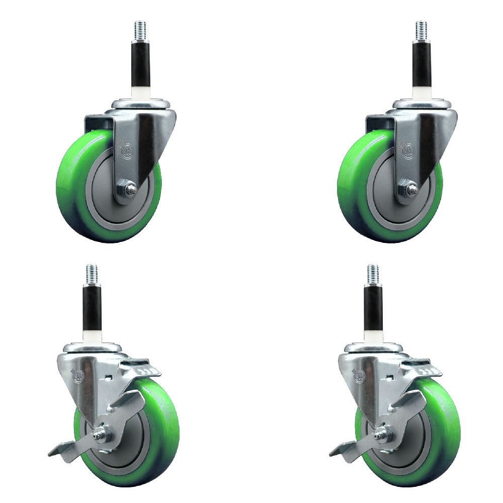Stainless Steel Polyurethane Swivel Expanding Stem Caster Set of 4 with 4 Inch Green Wheels and 7/8" Stems - Includes 2 with Top Locking Brakes - 1400 lbs Total Capacity - Service Caster Brand — photo 1