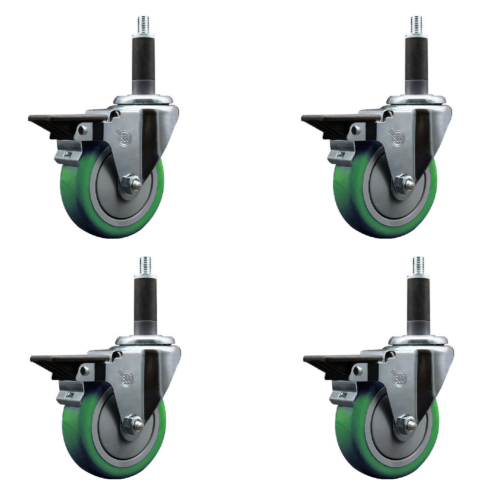 Polyurethane Swivel Expanding Stem Caster Set of 4 with 4 Inch Green Wheels and 1" Stems - Includes 4 Swivel with Posi Locking Brakes - 350 lbs. Capacity Per Caster - Service Caster Brand — photo 1