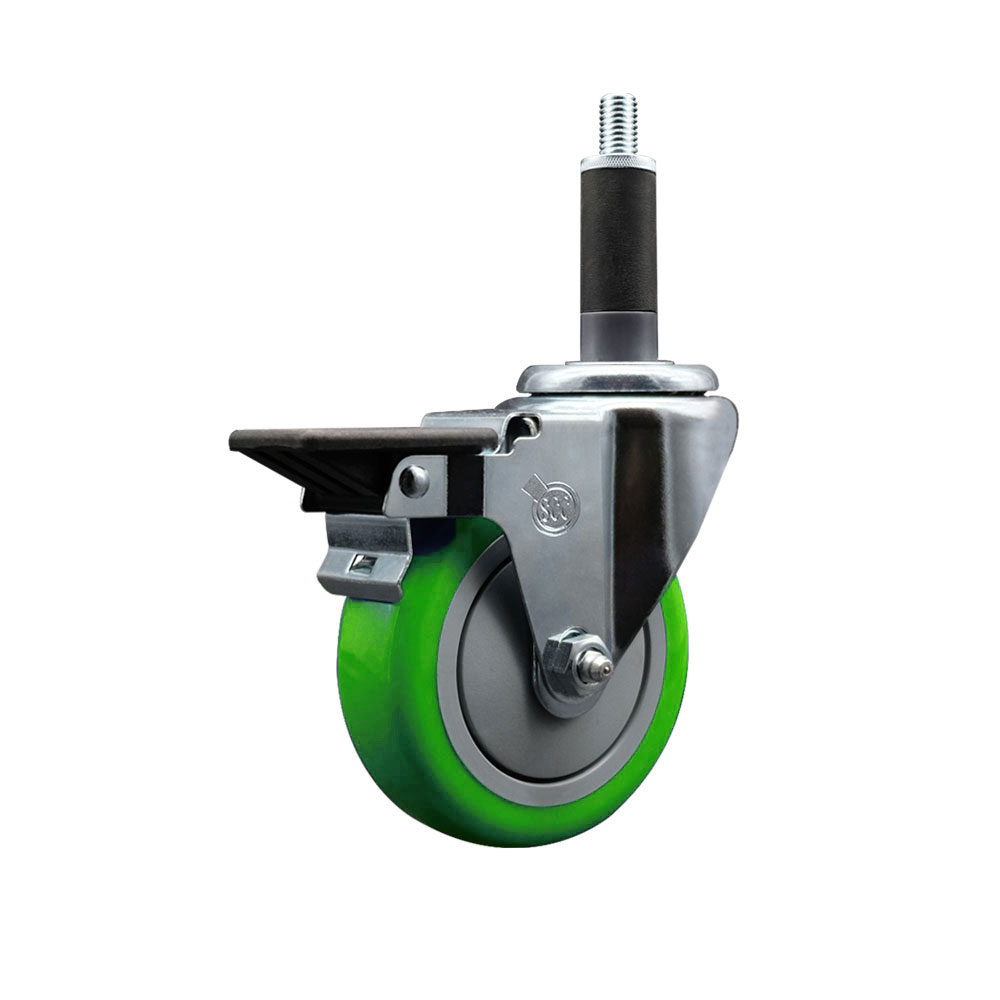 Polyurethane Expanding Stem Swivel Caster with 4 Inch Green Wheel and 1" Stem & Posi Locking Brake - 350 lbs. Capacity Per Caster - Service Caster Brand — photo 1