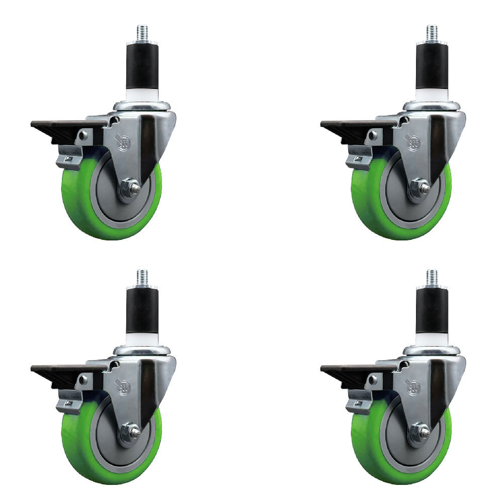 Polyurethane Swivel Expanding Stem Caster Set of 4 with 4 Inch Green Wheels and 1-1/2" Stems - Includes 4 Swivel with Posi Locking Brakes - 350 lbs. Capacity Per Caster - Service Caster Brand — photo 1