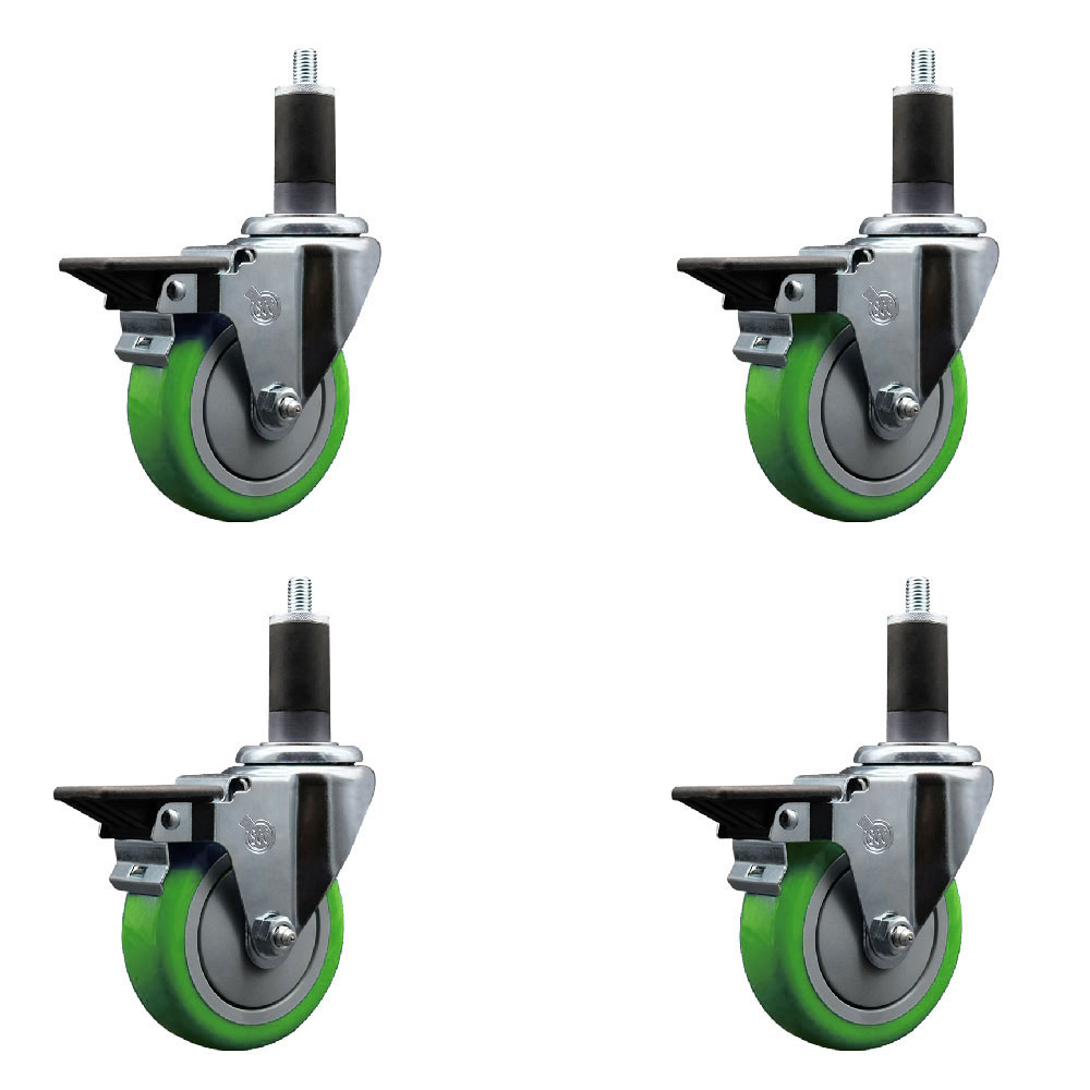 Polyurethane Swivel Expanding Stem Caster Set of 4 with 4 Inch Green Wheels and 1-1/4" Stems - Includes 4 Swivel with Posi Locking Brakes - 350 lbs. Capacity Per Caster - Service Caster Brand — photo 1