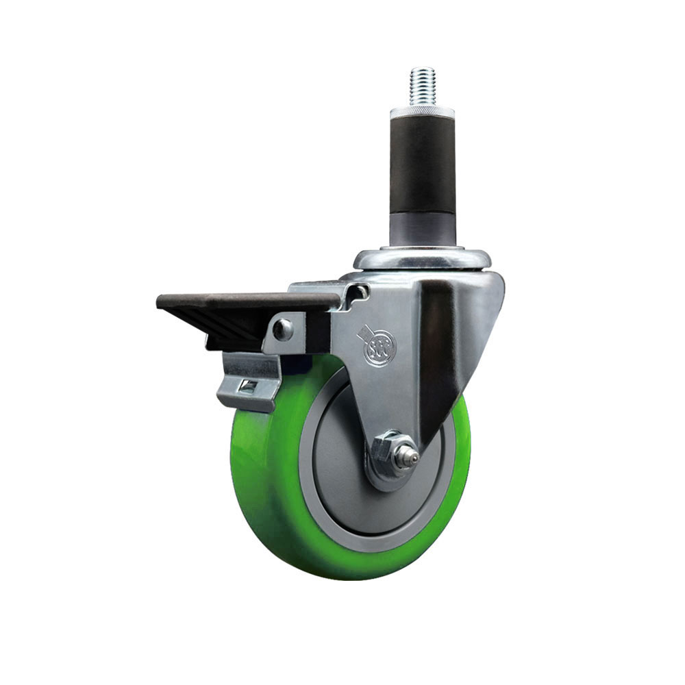 Polyurethane Expanding Stem Swivel Caster with 4 Inch Green Wheel and 1-1/4" Stem & Posi Locking Brake - 350 lbs. Capacity Per Caster - Service Caster Brand — photo 1