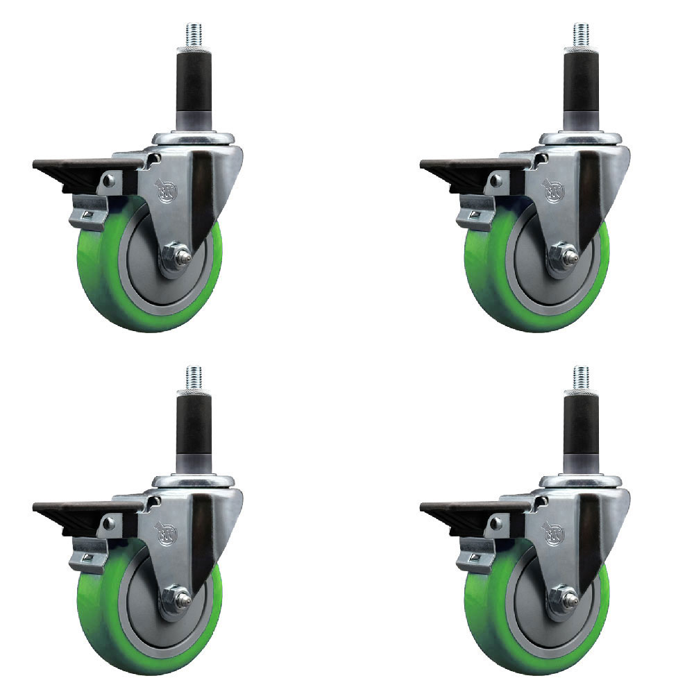 Polyurethane Swivel Expanding Stem Caster Set of 4 with 4 Inch Green Wheels and 1-1/8" Stems - Includes 4 Swivel with Posi Locking Brakes - 350 lbs. Capacity Per Caster - Service Caster Brand — photo 1