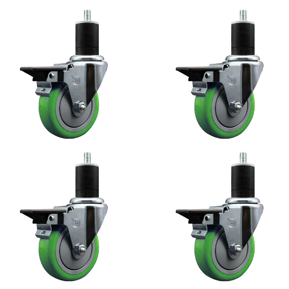 Polyurethane Swivel Expanding Stem Caster Set of 4 with 4 Inch Green Wheels and 1-3/4" Stems - Includes 4 Swivel with Posi Locking Brakes - 350 lbs. Capacity Per Caster - Service Caster Brand — photo 1