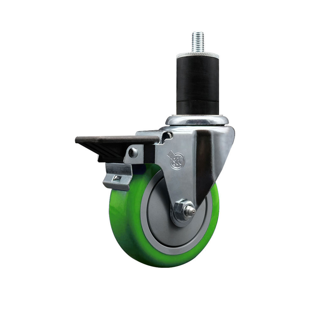 Polyurethane Expanding Stem Swivel Caster with 4 Inch Green Wheel and 1-3/4" Stem & Posi Locking Brake - 350 lbs. Capacity Per Caster - Service Caster Brand — photo 1