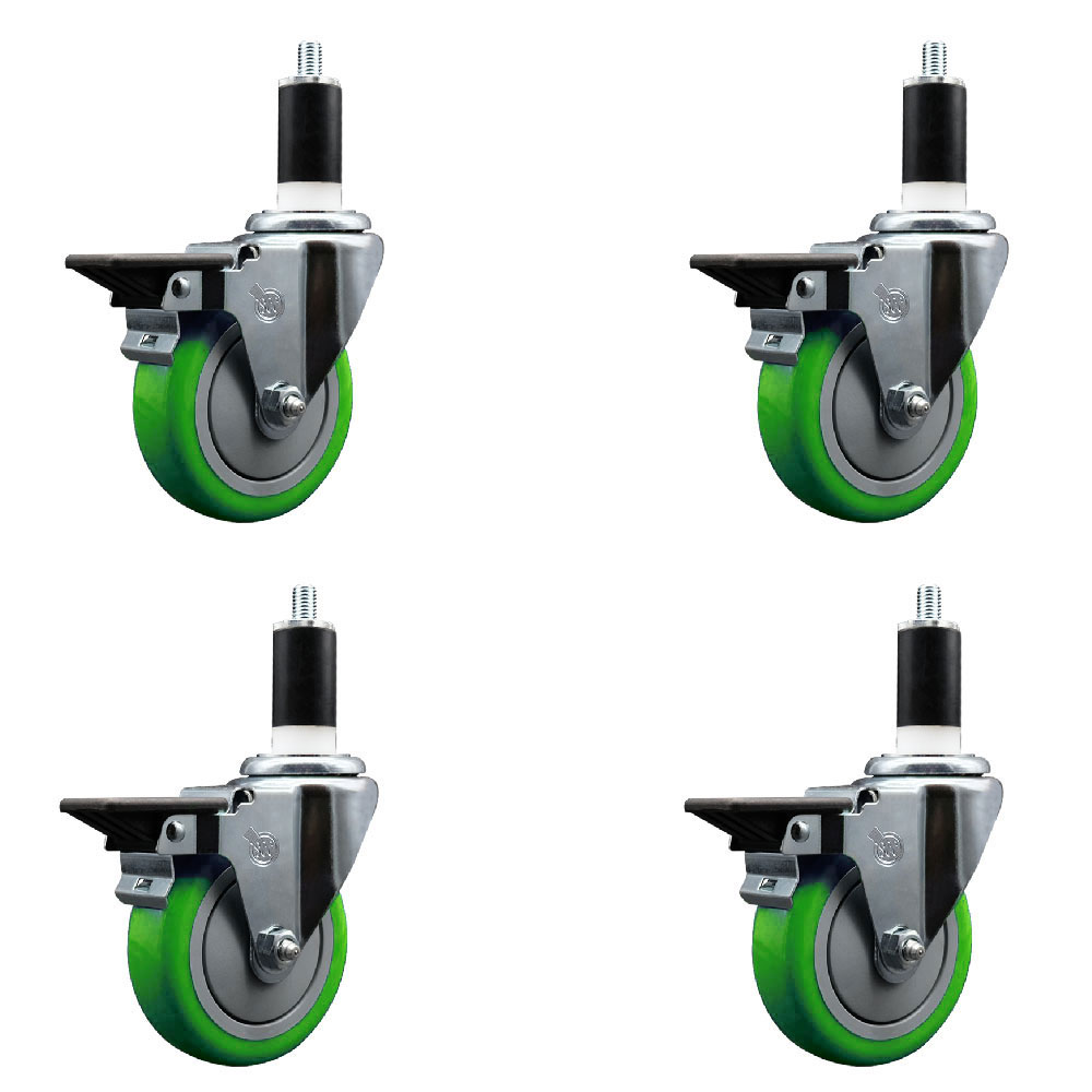 Polyurethane Swivel Expanding Stem Caster Set of 4 with 4 Inch Green Wheels and 1-3/8" Stems - Includes 4 Swivel with Posi Locking Brakes - 350 lbs. Capacity Per Caster - Service Caster Brand — photo 1
