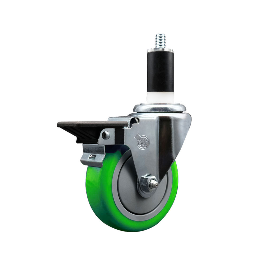 Polyurethane Expanding Stem Swivel Caster with 4 Inch Green Wheel and 1-3/8" Stem & Posi Locking Brake - 350 lbs. Capacity Per Caster - Service Caster Brand — photo 1