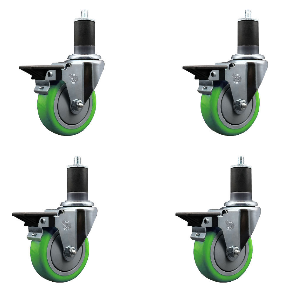 Polyurethane Swivel Expanding Stem Caster Set of 4 with 4 Inch Green Wheels and 1-5/8" Stems - Includes 4 Swivel with Posi Locking Brakes - 350 lbs. Capacity Per Caster - Service Caster Brand — photo 1