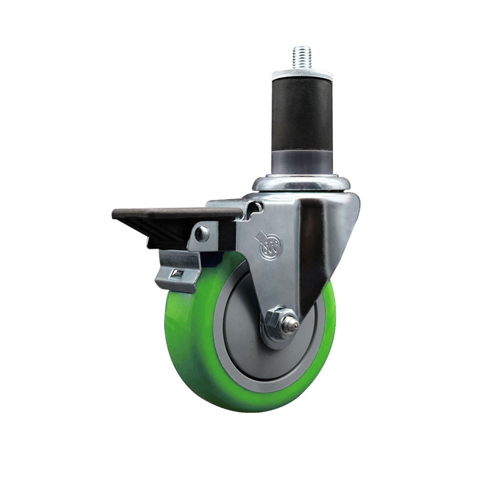 Polyurethane Expanding Stem Swivel Caster with 4 Inch Green Wheel and 1-5/8" Stem & Posi Locking Brake - 350 lbs. Capacity Per Caster - Service Caster Brand — photo 1