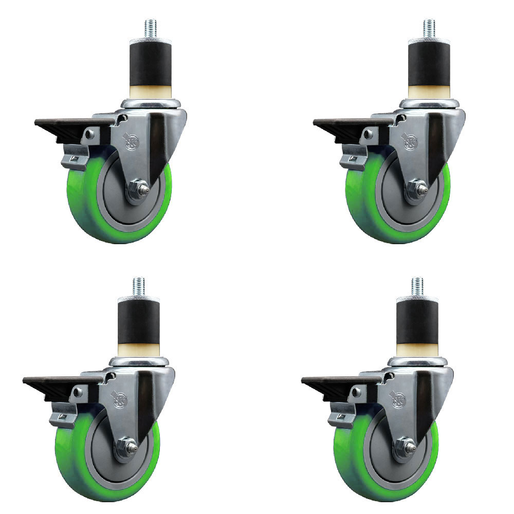 Polyurethane Swivel Expanding Stem Caster Set of 4 with 4 Inch Green Wheels and 1-7/8" Stems - Includes 4 Swivel with Posi Locking Brakes - 350 lbs. Capacity Per Caster - Service Caster Brand — photo 1