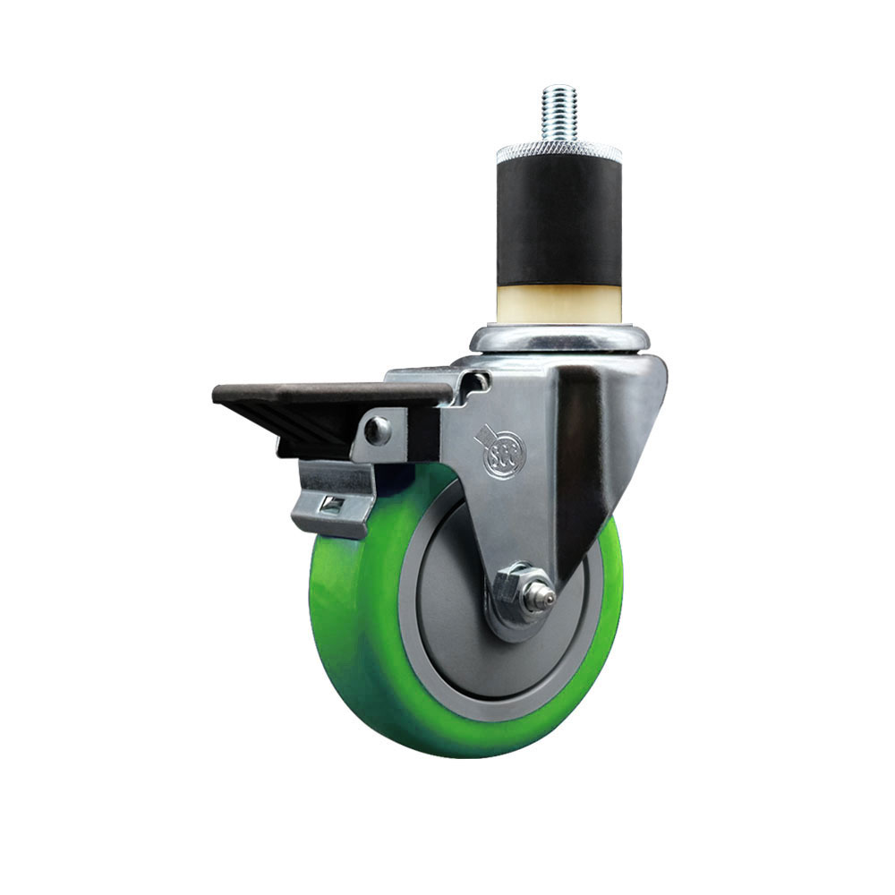 Polyurethane Expanding Stem Swivel Caster with 4 Inch Green Wheel and 1-7/8" Stem & Posi Locking Brake - 350 lbs. Capacity Per Caster - Service Caster Brand — photo 1