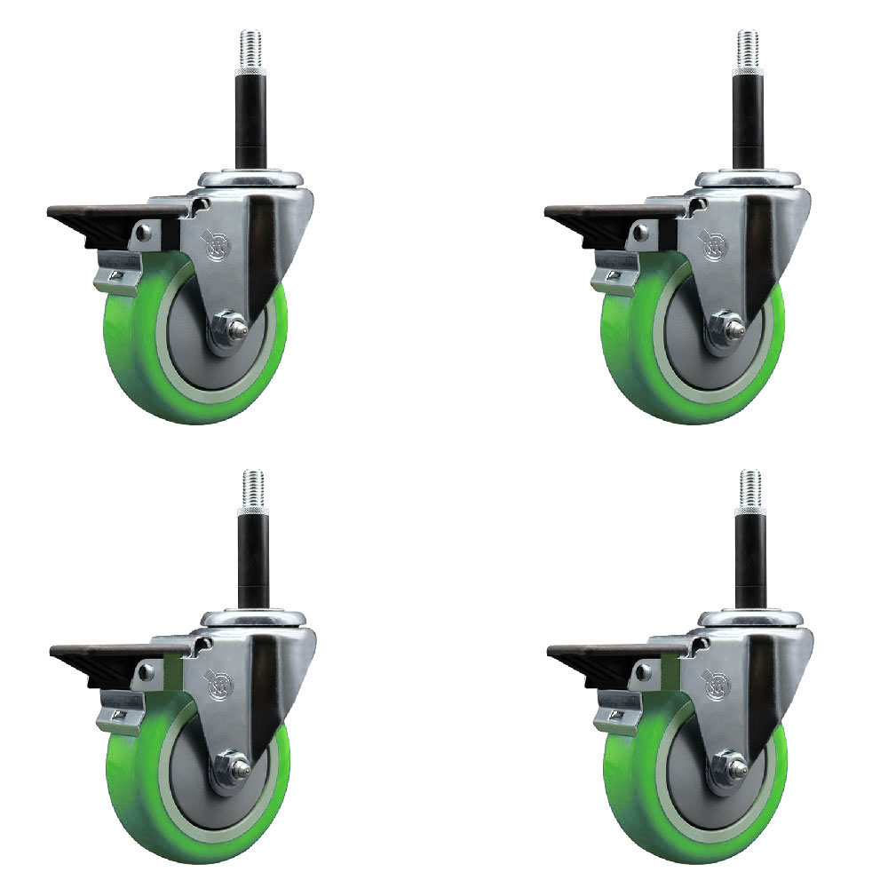 Polyurethane Swivel Expanding Stem Caster Set of 4 with 4 Inch Green Wheels and 3/4" Stems - Includes 4 Swivel with Posi Locking Brakes - 350 lbs. Capacity Per Caster - Service Caster Brand — photo 1