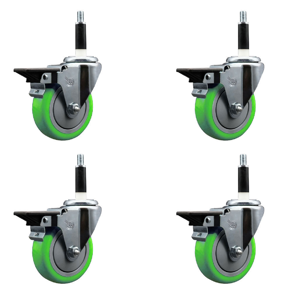 Polyurethane Swivel Expanding Stem Caster Set of 4 with 4 Inch Green Wheels and 7/8" Stems - Includes 4 Swivel with Posi Locking Brakes - 350 lbs. Capacity Per Caster - Service Caster Brand — photo 1