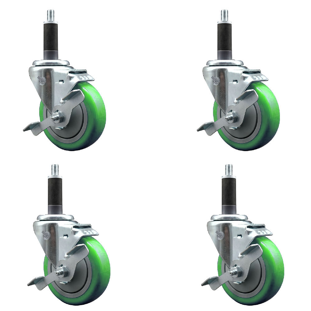 Stainless Steel Polyurethane Swivel Expanding Stem Caster Set of 4 with 4 Inch Green Wheels and 1" Stems - Includes 4 Swivel with Top Locking Brakes - 350 lbs. Capacity Per Caster-Service Caster Brand — photo 1