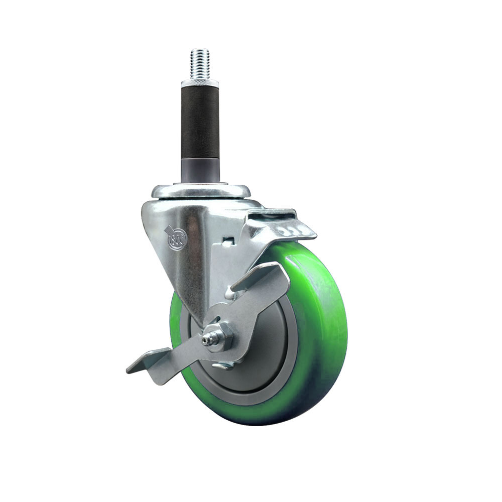 Polyurethane Expanding Stem Swivel Caster with 4 Inch Green Wheel and 1" Stem & Top Locking Brake - 350 lbs. Capacity Per Caster - Service Caster Brand — photo 1