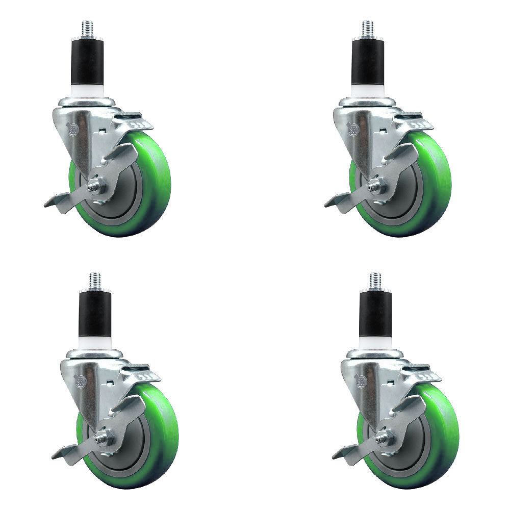 Polyurethane Swivel Expanding Stem Caster Set of 4 with 4 Inch Green Wheels and 1-1/2" Stems - Includes 4 Swivel with Top Locking Brakes - 350 lbs. Capacity Per Caster - Service Caster Brand — photo 1