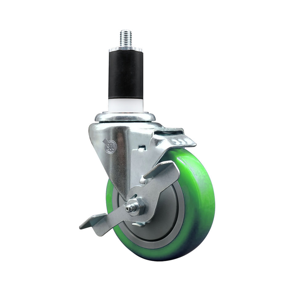 Polyurethane Expanding Stem Swivel Caster with 4 Inch Green Wheel and 1-1/2" Stem & Top Locking Brake - 350 lbs. Capacity Per Caster - Service Caster Brand — photo 1
