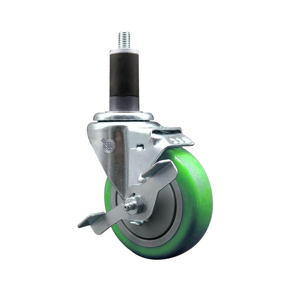 Polyurethane Expanding Stem Swivel Caster with 4 Inch Green Wheel and 1-1/4" Stem & Top Locking Brake - 350 lbs. Capacity Per Caster - Service Caster Brand — photo 1