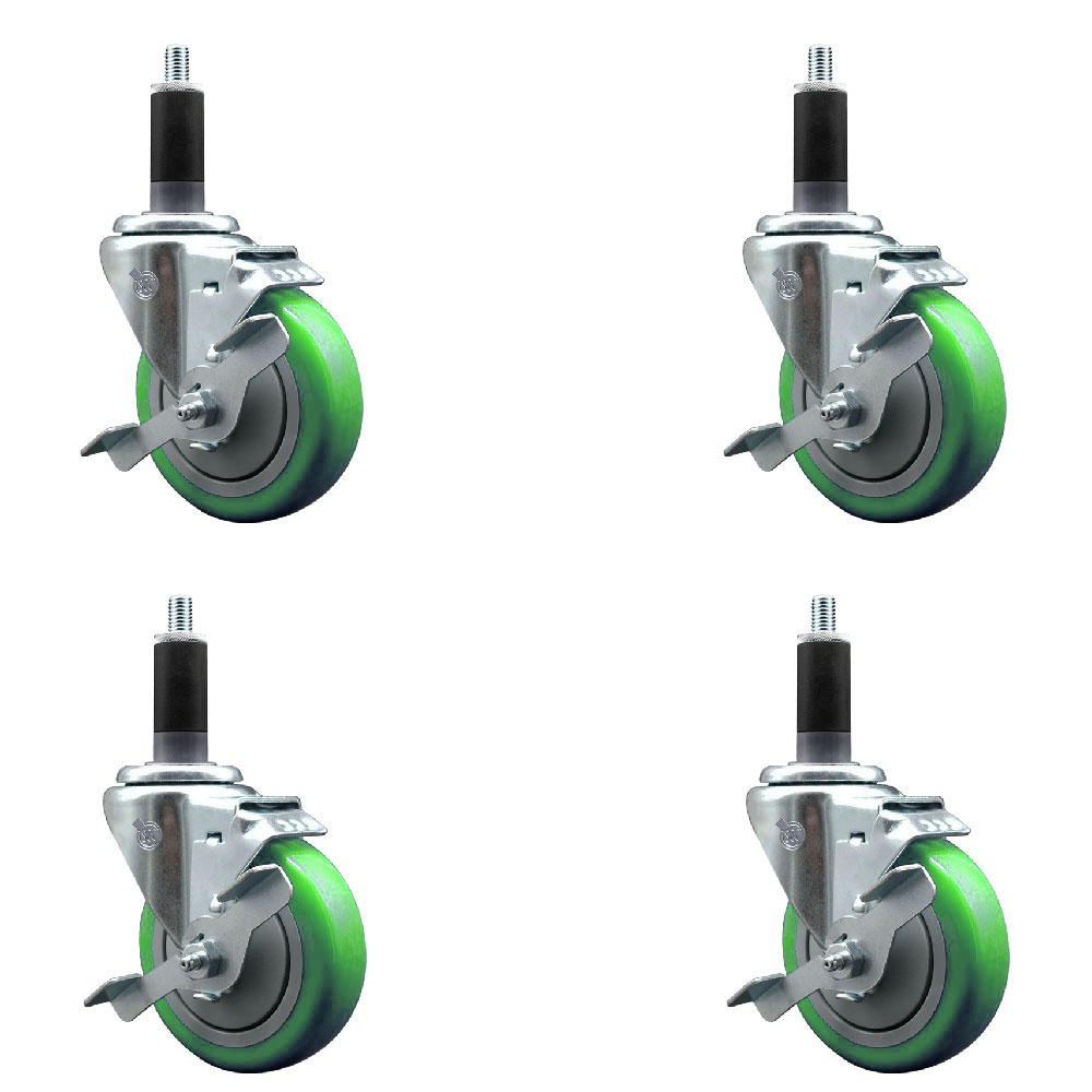 Stainless Steel Polyurethane Swivel Expanding Stem Caster Set of 4 with 4 Inch Green Wheels and 1-1/8" Stems-Includes 4 Swivel with Top Locking Brakes-350 lbs. Capacity Per Caster-Service Caster Brand — photo 1