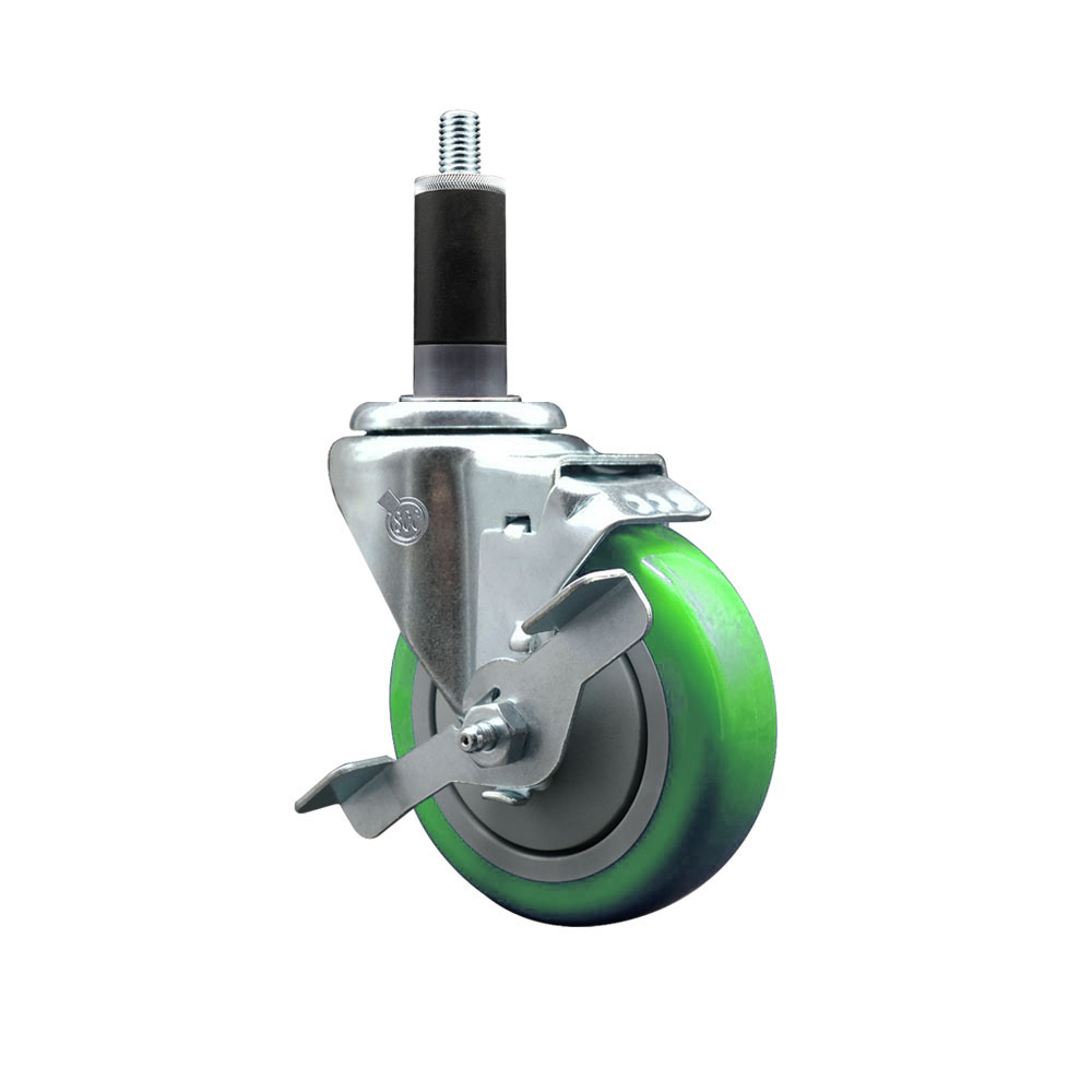 Stainless Steel Polyurethane Expanding Stem Swivel Caster with 4 Inch Green Wheel and 1-1/8" Stem & Top Locking Brake - 350 lbs. Capacity Per Caster - Service Caster Brand — photo 1