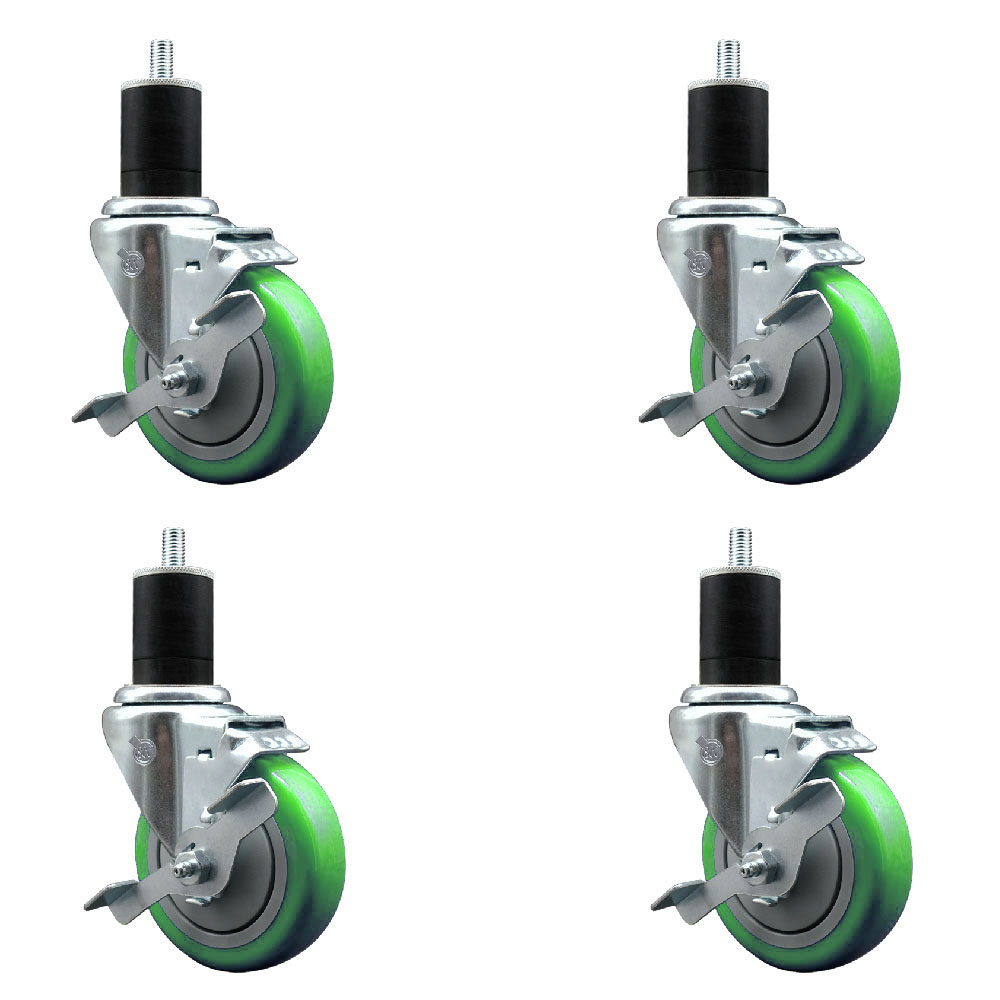 Stainless Steel Polyurethane Swivel Expanding Stem Caster Set of 4 with 4 Inch Green Wheels and 1-3/4" Stems-Includes 4 Swivel with Top Locking Brakes-350 lbs. Capacity Per Caster-Service Caster Brand — photo 1