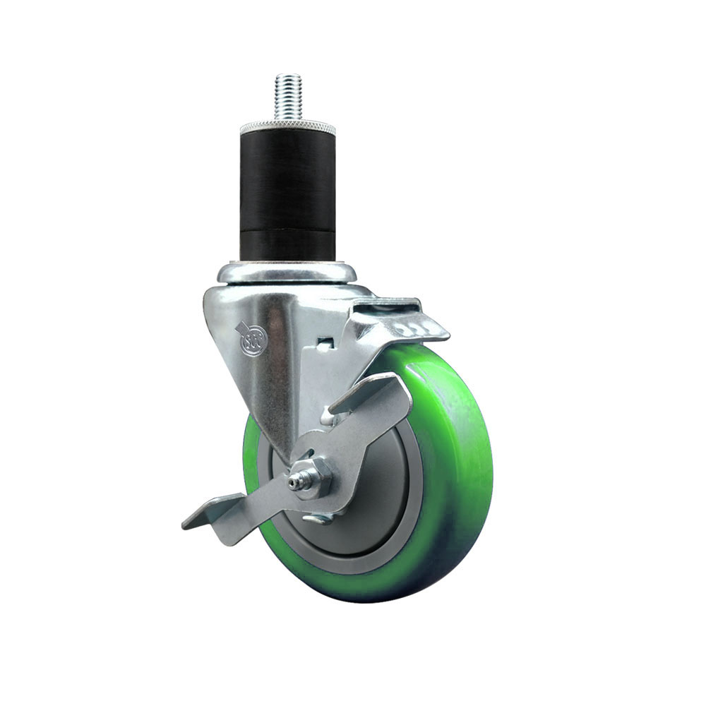 Polyurethane Expanding Stem Swivel Caster with 4 Inch Green Wheel and 1-3/4" Stem & Top Locking Brake - 350 lbs. Capacity Per Caster - Service Caster Brand — photo 1