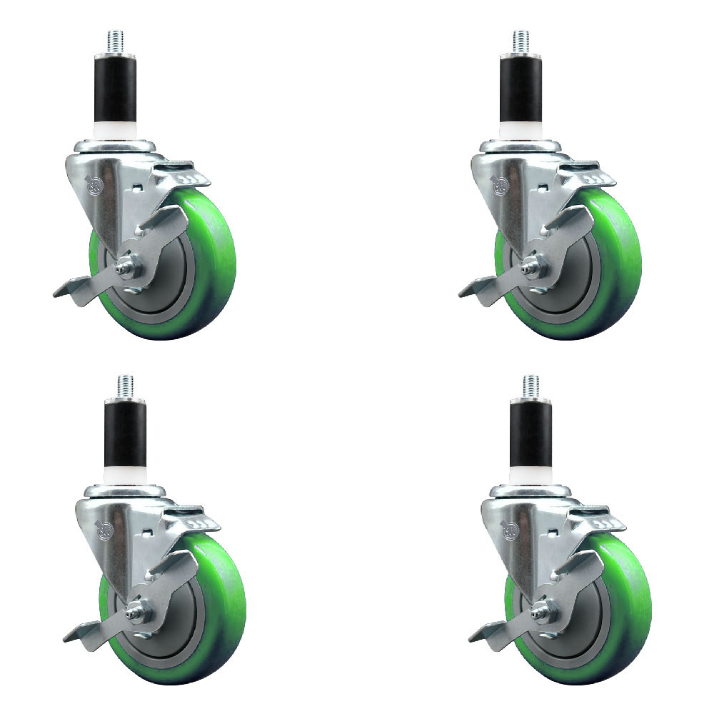 Polyurethane Swivel Expanding Stem Caster Set of 4 with 4 Inch Green Wheels and 1-3/8" Stems - Includes 4 Swivel with Top Locking Brakes - 350 lbs. Capacity Per Caster - Service Caster Brand — photo 1