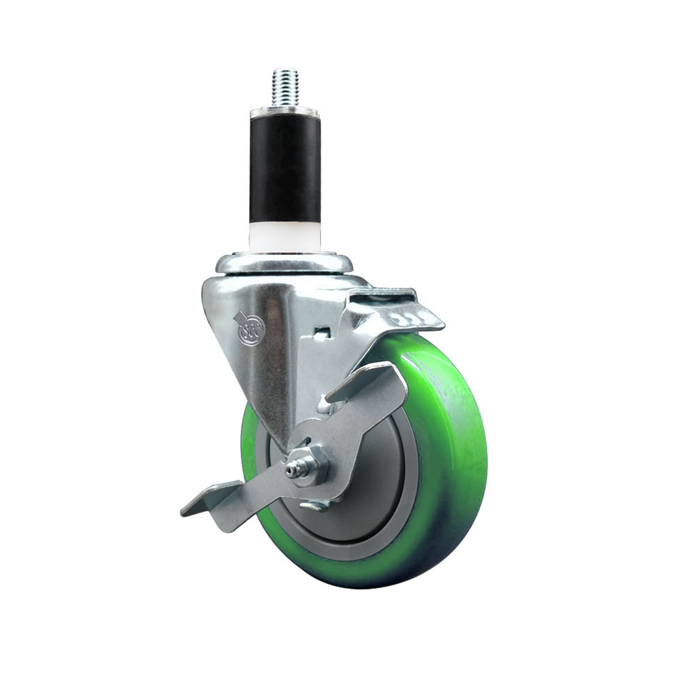 Stainless Steel Polyurethane Expanding Stem Swivel Caster with 4 Inch Green Wheel and 1-3/8" Stem & Top Locking Brake - 350 lbs. Capacity Per Caster - Service Caster Brand — photo 1