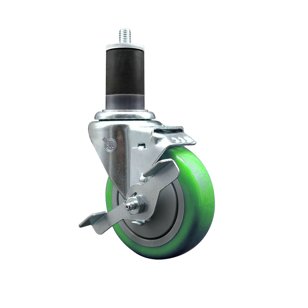 Polyurethane Expanding Stem Swivel Caster with 4 Inch Green Wheel and 1-5/8" Stem & Top Locking Brake - 350 lbs. Capacity Per Caster - Service Caster Brand — photo 1