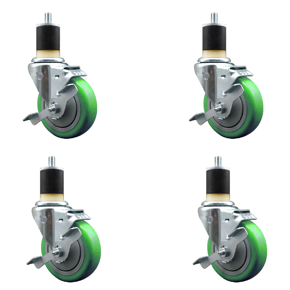 Stainless Steel Polyurethane Swivel Expanding Stem Caster Set of 4 with 4 Inch Green Wheels and 1-7/8" Stems-Includes 4 Swivel with Top Locking Brakes-350 lbs. Capacity Per Caster-Service Caster Brand — photo 1
