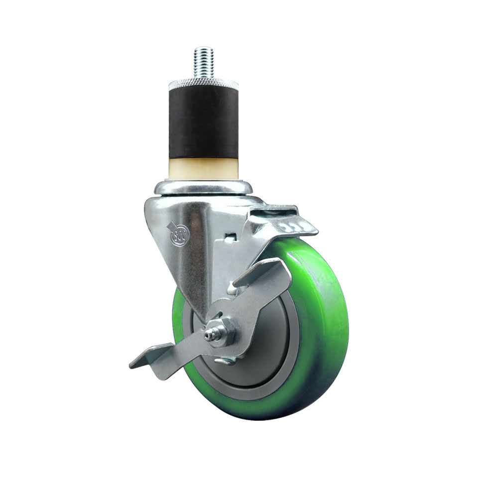 Stainless Steel Polyurethane Expanding Stem Swivel Caster with 4 Inch Green Wheel and 1-7/8" Stem & Top Locking Brake - 350 lbs. Capacity Per Caster - Service Caster Brand — photo 1