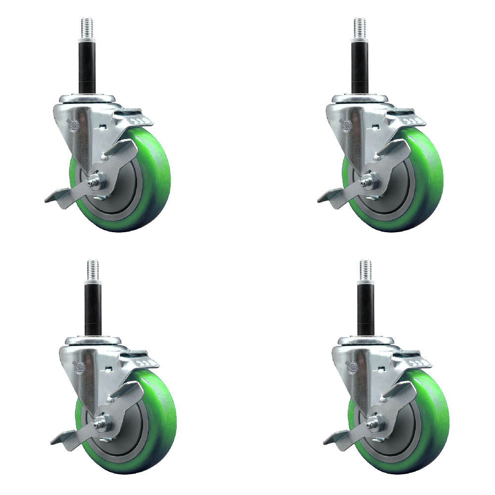 Stainless Steel Polyurethane Swivel Expanding Stem Caster Set of 4 with 4 Inch Green Wheels and 3/4" Stems - Includes 4 Swivel with Top Locking Brakes-350 lbs. Capacity Per Caster-Service Caster Brand — photo 1