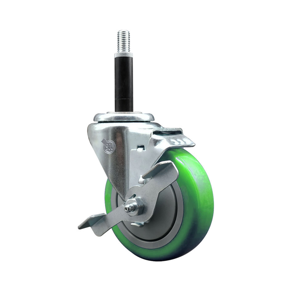 Polyurethane Expanding Stem Swivel Caster with 4 Inch Green Wheel and 3/4" Stem & Top Locking Brake - 350 lbs. Capacity Per Caster - Service Caster Brand — photo 1