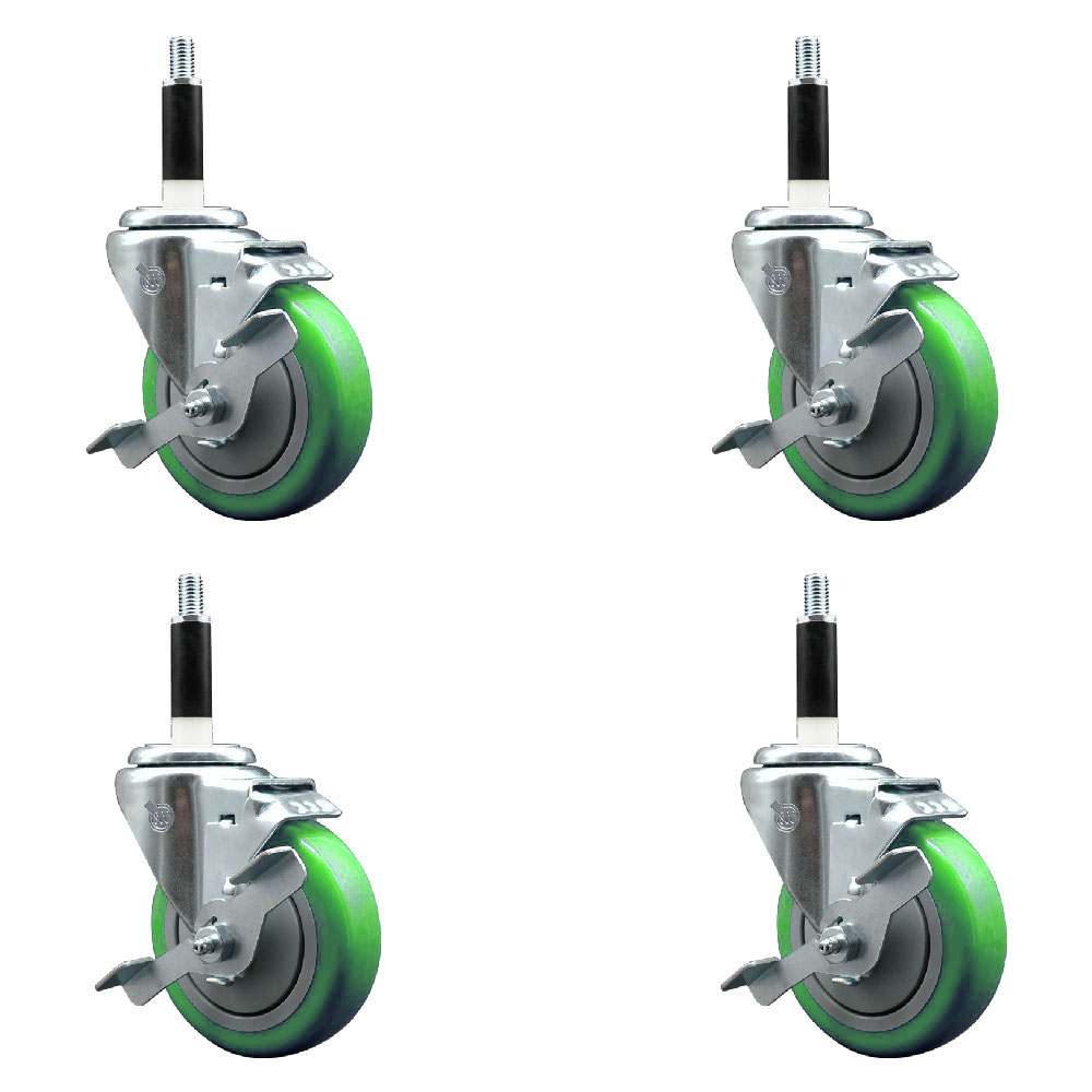 Polyurethane Swivel Expanding Stem Caster Set of 4 with 4 Inch Green Wheels and 7/8" Stems - Includes 4 Swivel with Top Locking Brakes - 350 lbs. Capacity Per Caster - Service Caster Brand — photo 1